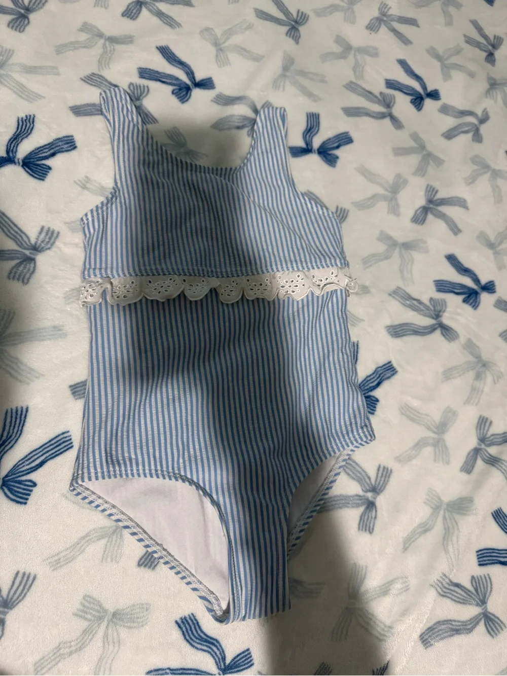 Crown & Ivy Blue and White Striped Kids One-Piece with Eyelet Detail
